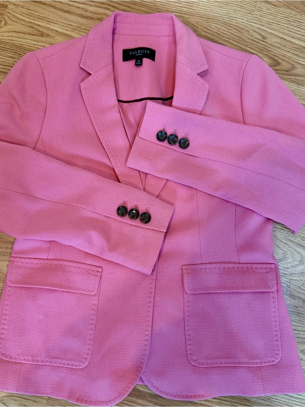 Talbots Petites Womens 2P Pink Textured Basketweave One Button Peplum Blazer Jac